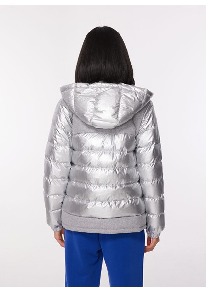 Gümüş Kadın Kapüşon Yaka Basic Fit Puffer Mont B3WL-MNT1