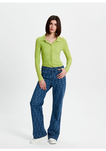 Lazer Baskılı Düz Kesim Denim Pantolon