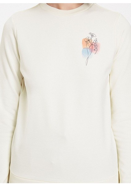 Beyaz Baskılı Bisiklet Yaka Pamuklu Regular Fit Kadın Sweatshirt Watercolour Hand fiyatları