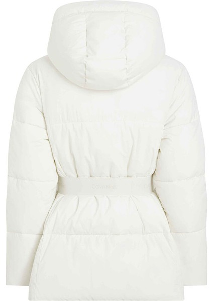 Beyaz Kadın Dik Yaka Standart Fit Puffer Mont Logo Belt Short Puffer fırsatları