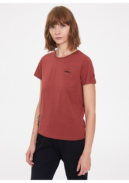 Kırmızı Baskılı Bisiklet Yaka Pamuklu Regular Fit Kadın T-Shirt Tea
