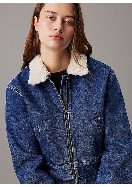 Koyu Mavi Kadın Gömlek Standart Düz Denim Ceket Denım Zıp Jacket Sherpa fiyatları