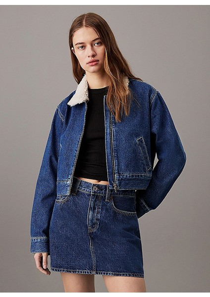 Koyu Mavi Kadın Gömlek Standart Düz Denim Ceket Denım Zıp Jacket Sherpa modelleri