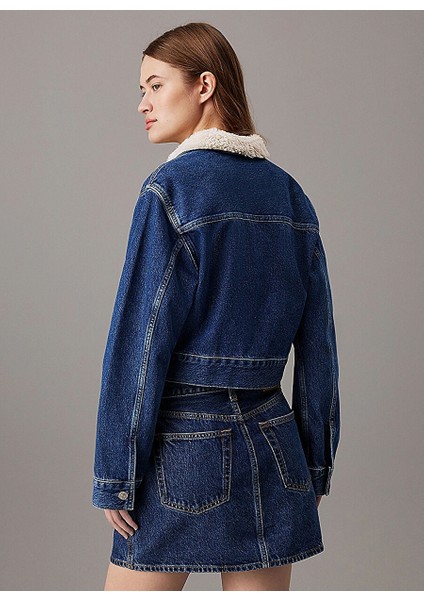 Koyu Mavi Kadın Gömlek Standart Düz Denim Ceket Denım Zıp Jacket Sherpa fırsatları