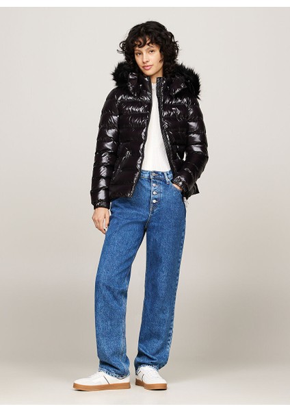 Siyah Kadın Dik Yaka Standart Fit Puffer Mont Tjw Tonal Hooded Down Jacket