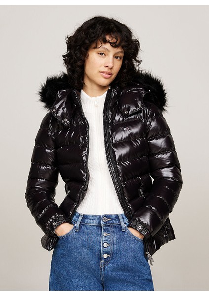 Siyah Kadın Dik Yaka Standart Fit Puffer Mont Tjw Tonal Hooded Down Jacket fiyatları