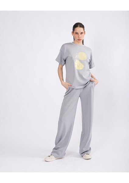 Yakası Büzgülü Önü Patlı-Fermuarlı Ceket-T-Shirt-Beli Lastikli Pantolon Takım