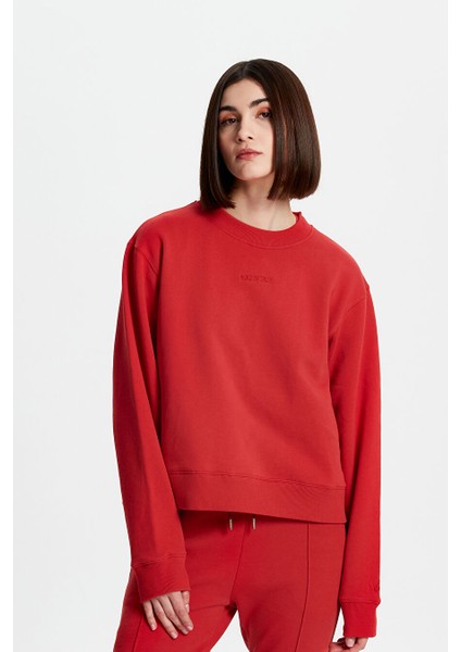 Kırmızı Klasik Bisiklet Yaka Sweatshirt