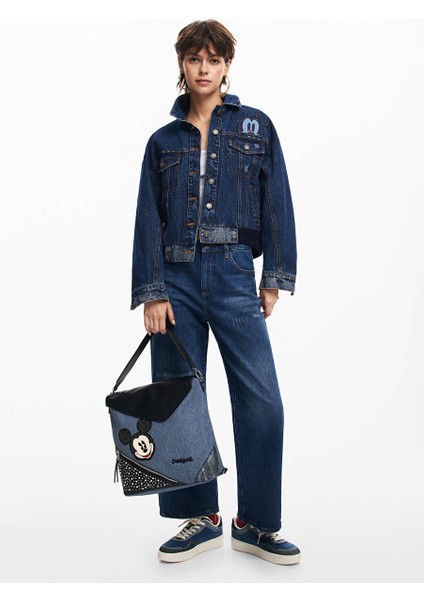 Baskılı Gömlek Yaka Mavi Kadın Denim Ceket 24WWED02