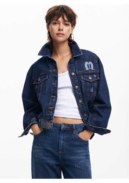 Baskılı Gömlek Yaka Mavi Kadın Denim Ceket 24WWED02 fiyatları