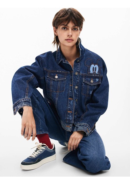 Baskılı Gömlek Yaka Mavi Kadın Denim Ceket 24WWED02 indirimleri