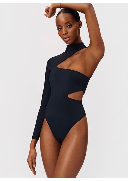 Kadın Siyah Bel Pencereli Dik Yaka Tasarım Bodysuit