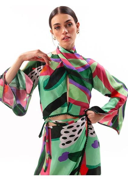 Yeşil Kadın Cropped Fit Desenli Ceket MVMRWCR03