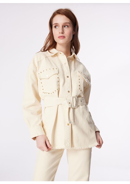 Ekru Kadın Oversize Taşlı Denim Ceket F4SL-MNT0546