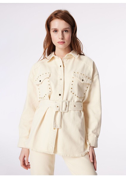 Ekru Kadın Oversize Taşlı Denim Ceket F4SL-MNT0546