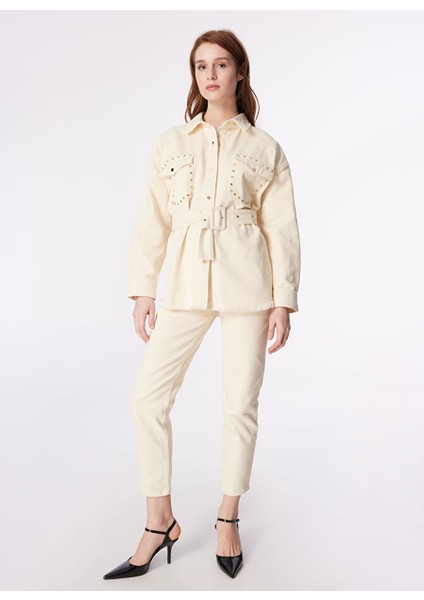 Ekru Kadın Oversize Taşlı Denim Ceket F4SL-MNT0546
