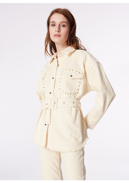Ekru Kadın Oversize Taşlı Denim Ceket F4SL-MNT0546