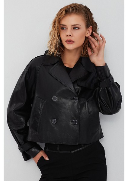Tracy Kadın Siyah Oversize Kısa Deri Trençkot 23WGD5123AE