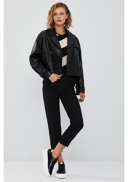 Tracy Kadın Siyah Oversize Kısa Deri Trençkot 23WGD5123AE fırsatları
