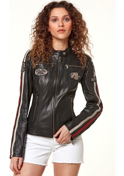 Ladyracer Kadın Siyah Armalı Spor Deri Mont 20WGD589851