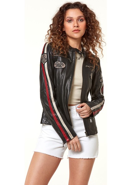 Ladyracer Kadın Siyah Armalı Spor Deri Mont 20WGD589851 fiyatları
