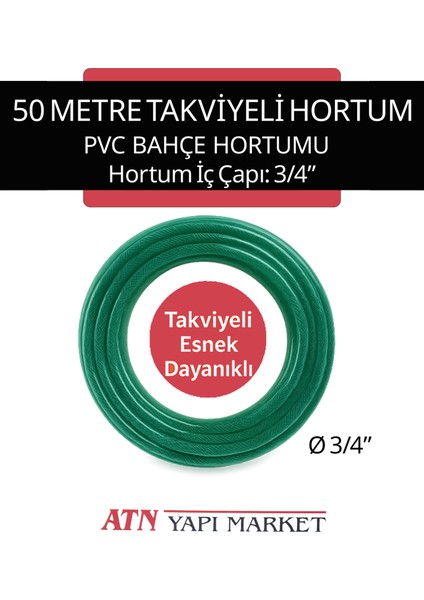 3/4" 50 Metre Takviyeli Pvc Bahçe Hortumu – Esnek ve Dayanıklı Sulama Hortumu