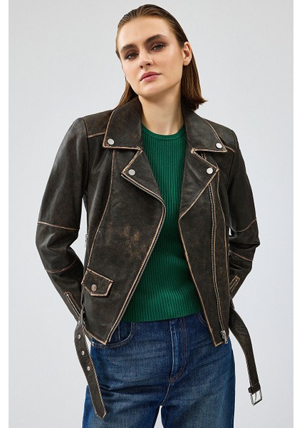 Uptown Kadın Kahverengi Vintage Deri Ceket 24WGD5236G6