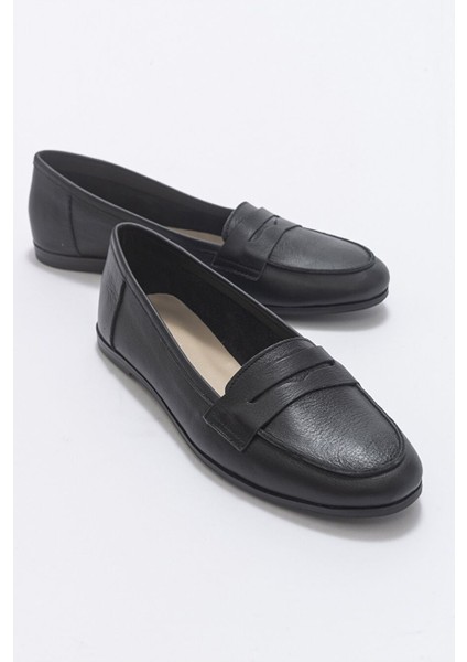 F02 Siyah Cilt Hakiki Deri Kadın Loafer Ayakkabı