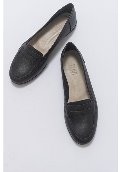 F02 Siyah Cilt Hakiki Deri Kadın Loafer Ayakkabı