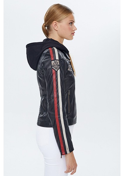 Ladyracer Kadın Siyah Armalı Kapüşonlu Spor Deri Mont 22WGM500151 fiyatları