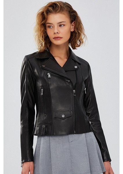 Bella Kadın Siyah Slim-Fit Biker Deri Ceket 23WGD5106U4