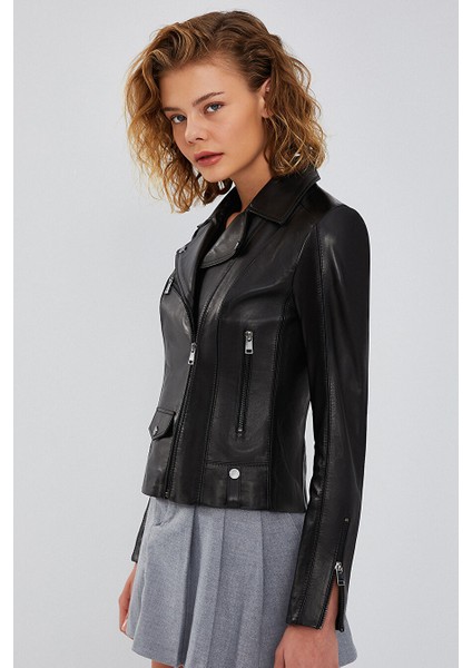 Bella Kadın Siyah Slim-Fit Biker Deri Ceket 23WGD5106U4 fiyatları