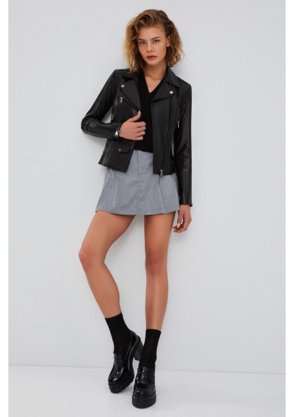 Bella Kadın Siyah Slim-Fit Biker Deri Ceket 23WGD5106U4 indirimleri