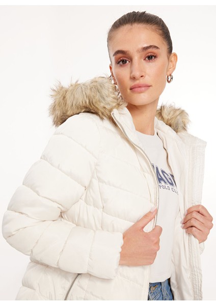 Kırık Beyaz Kadın Kaban Onlellan Quılted Hood Fur Coat cc O