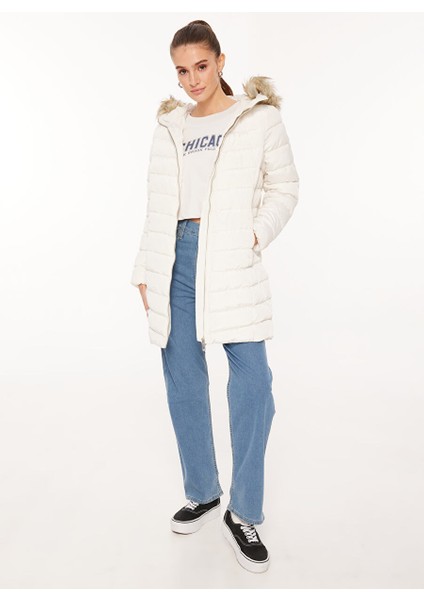 Kırık Beyaz Kadın Kaban Onlellan Quılted Hood Fur Coat cc O modelleri
