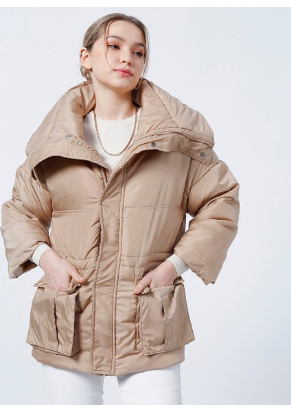 Ata Yaka Geniş Fit Kapitone Desenli Koyu Bej Kadın Mont - LF-160309 modelleri