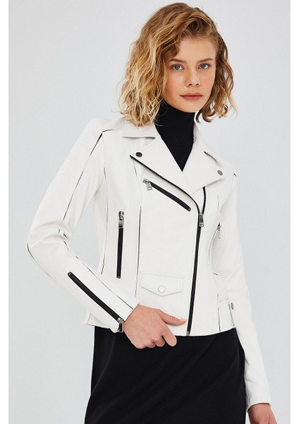 Bella Kadın Beyaz Slim-Fit Biker Deri Ceket 23WGD5106U4