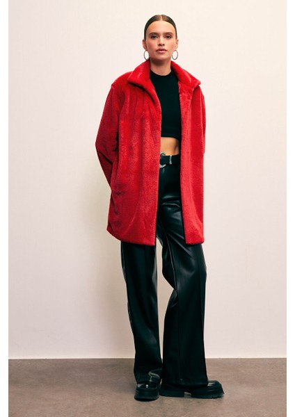 Leopar Astarlı Peluş Kaban - Kırmızı modelleri