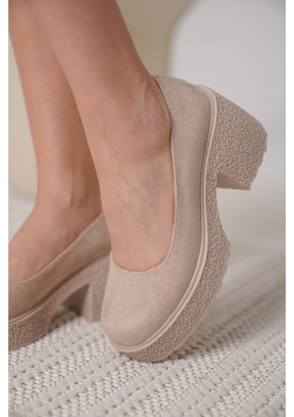 Talya Premium Bej Süet Platform Topuklu Kadın Günlük Ayakkabı