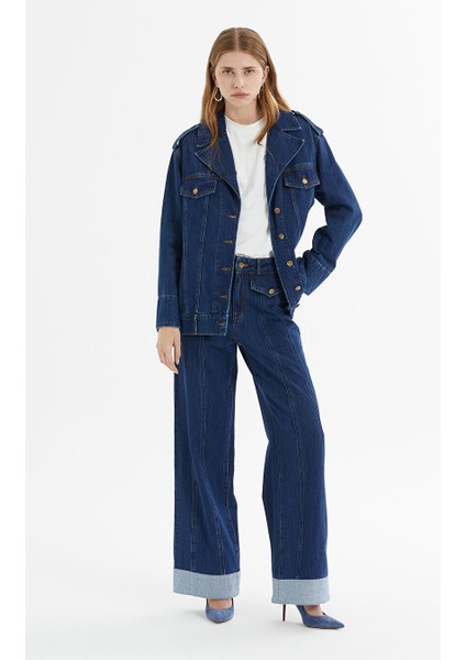 Apolet Detaylı Oversize Lacivert Denim Ceket