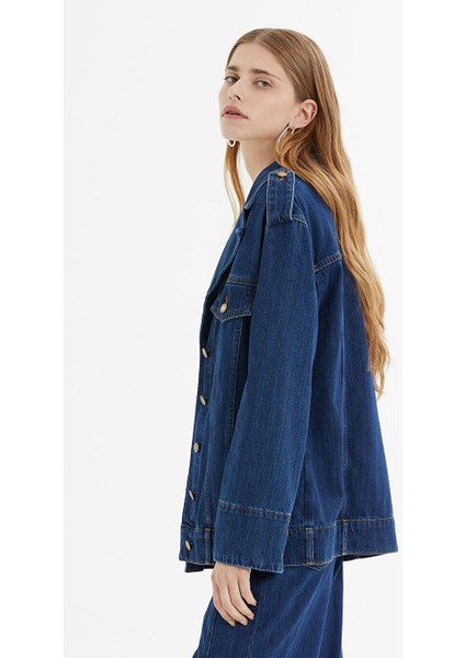 Apolet Detaylı Oversize Lacivert Denim Ceket fırsatları