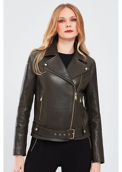 Melody Kadın Yeşil Biker Deri Ceket 24SGD5174VE