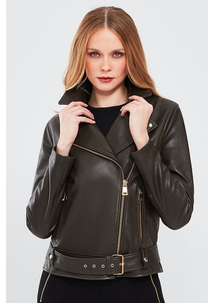 Melody Kadın Yeşil Biker Deri Ceket 24SGD5174VE fırsatları