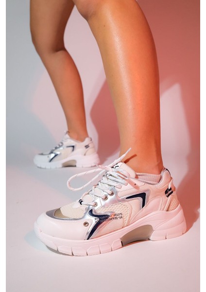 Duja Beyaz Gümüş Multi Fileli Kadın Kalın Taban Spor Sneakers