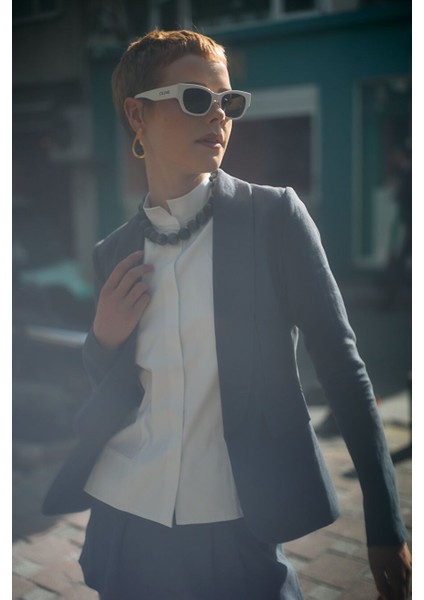 Keten Navy Blazer Ceket Ipek Astarlı