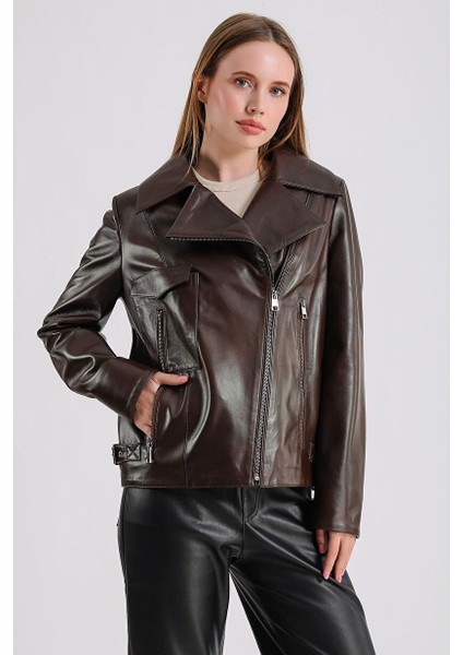 Billie Kadın Siyah Deri Biker Ceket