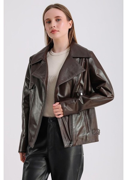 Billie Kadın Siyah Deri Biker Ceket