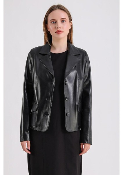 Anna Kadın Siyah Deri Blazer Ceket