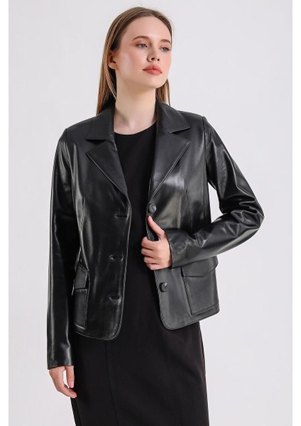 Anna Kadın Siyah Deri Blazer Ceket modelleri