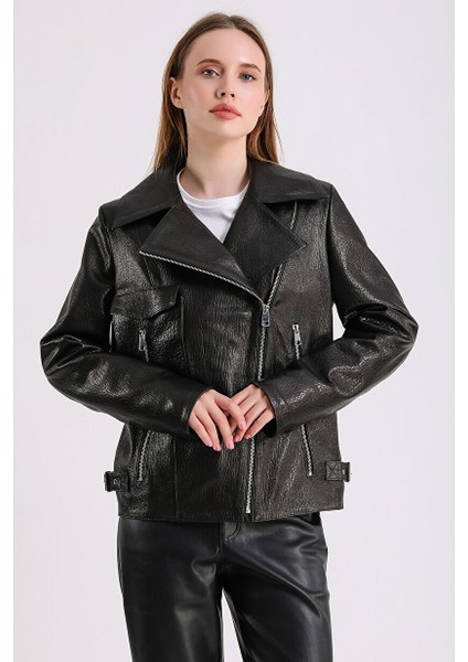 Billie Kadın Siyah Deri Biker Ceket